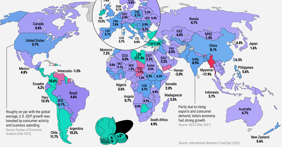 World map shaded according to GDP growth by country in 2021