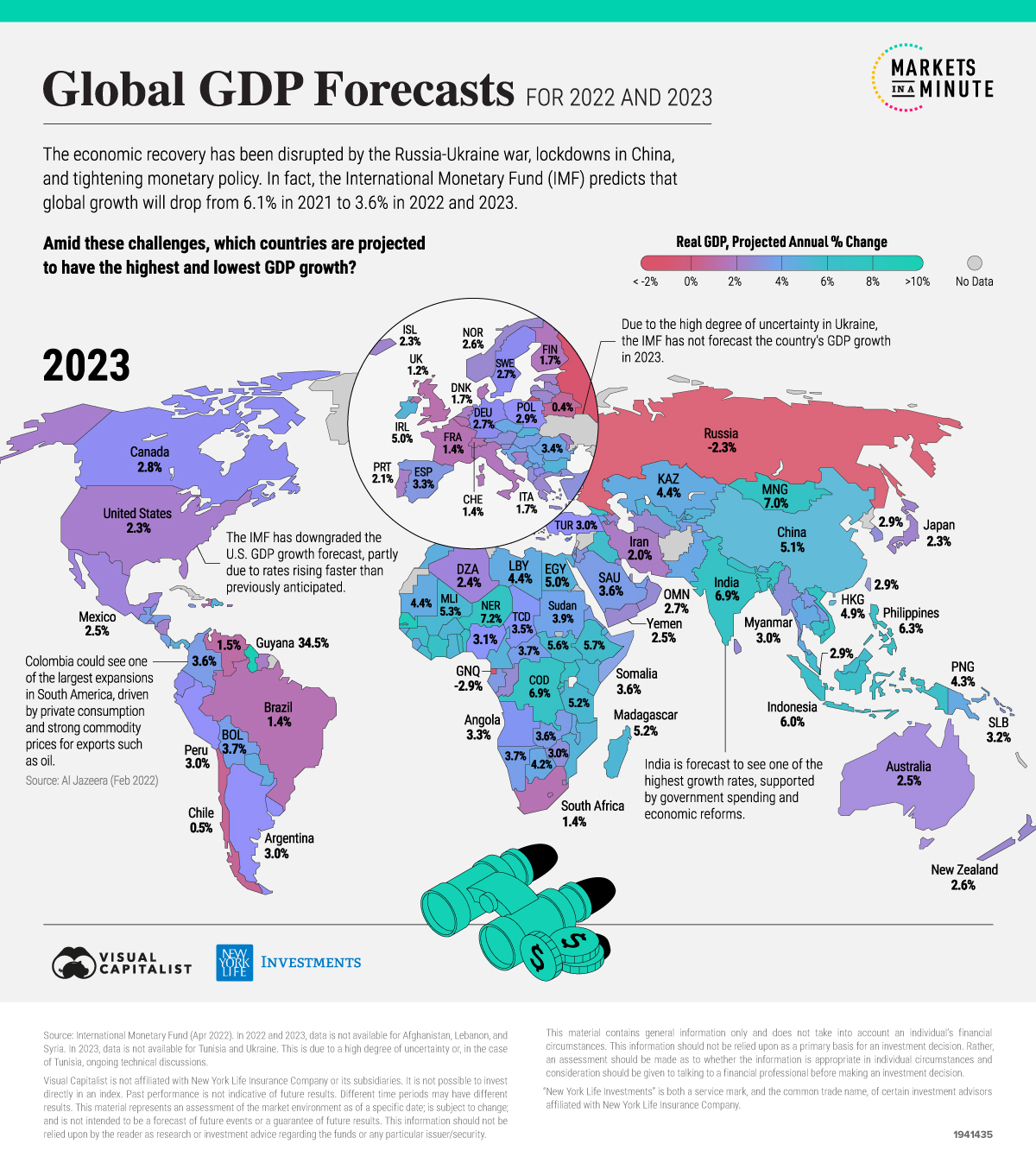 World map with countries coloured according to economic predictions for 2023